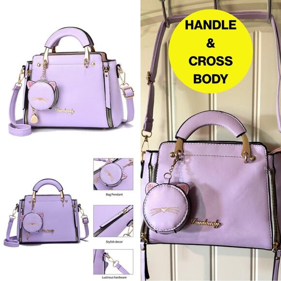 💜DANBAOLY💜 Lilac Lavender Satchel with Cat Coin Purse, Crossbody Strap - Picture 1 of 14